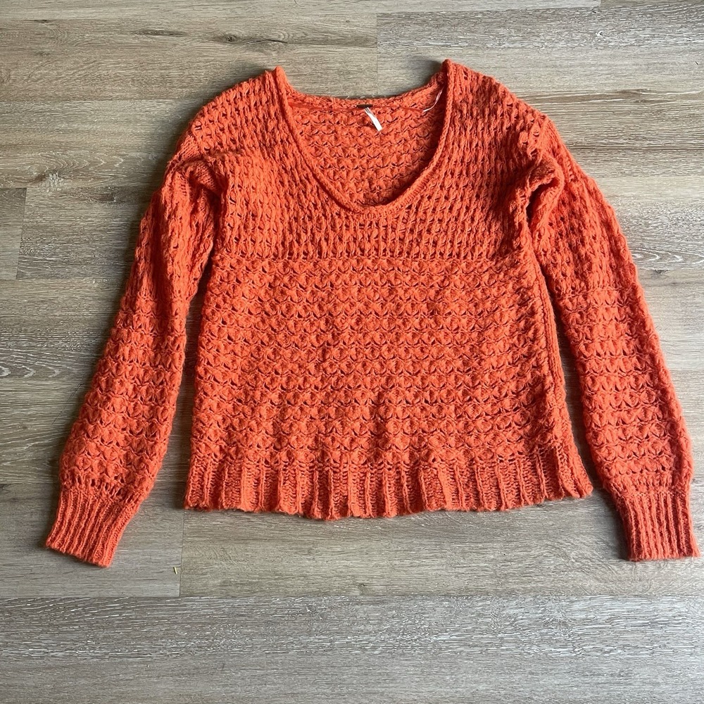 Free People Crashing Waves Boho Oversized Pullover Sweater Med Orange Wool Blend